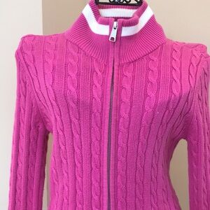 FoxCroft Pink & White Full Zipper Sweater